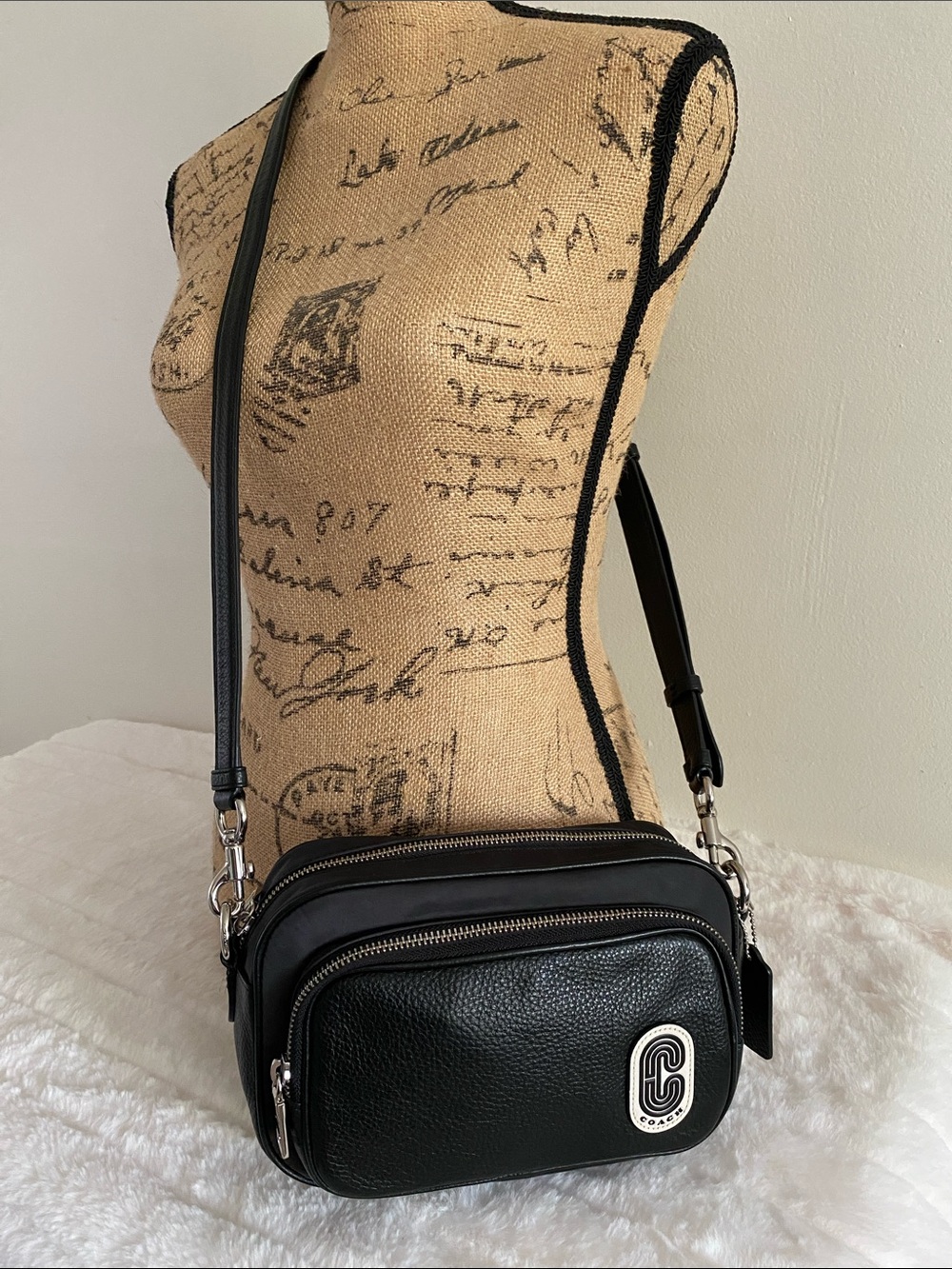 Coach Nylon & Leather Court Crossbody Bag In Black w/ Floral Interior